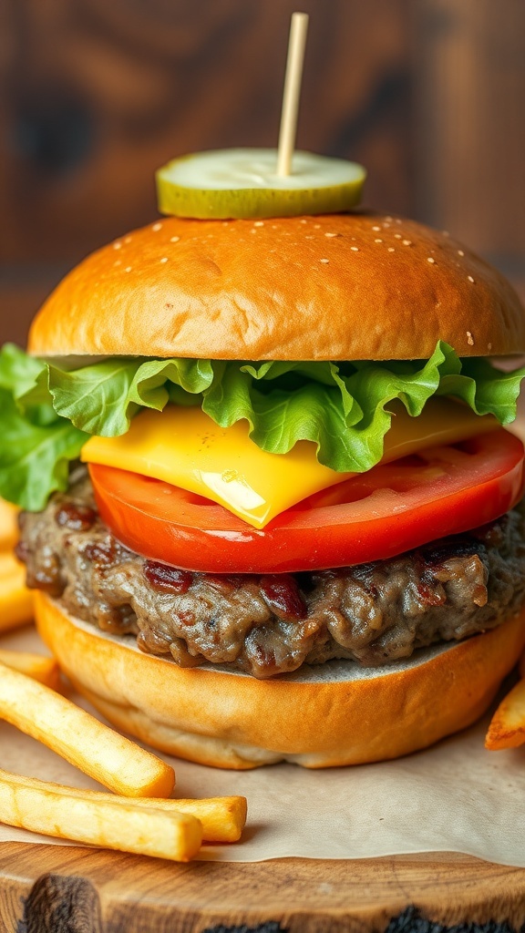 A delicious seasoned burger with lettuce, tomato, and cheese on a bun, served with fries.